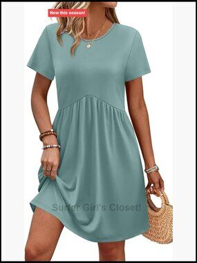 Short Sleeve Crew Neck Casual Empire Waist Maternity Dress with Pockets